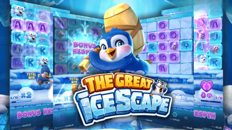 "The Great Icescape slot by PG Soft featuring adorable penguins, cascading reels, and exciting respin mechanics."