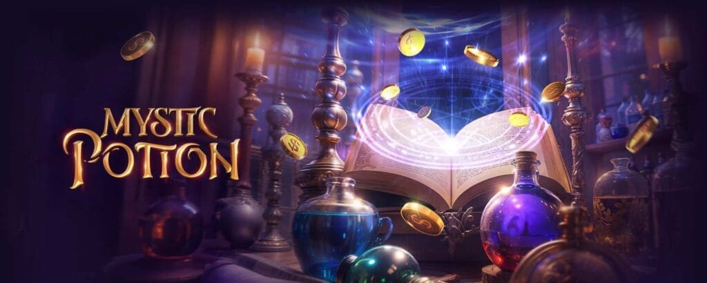 A mystical, glowing potion bottle emitting an ethereal purple light, surrounded by magical particles, ancient scrolls, and mysterious alchemical tools, evoking a sense of enchantment and mystery.