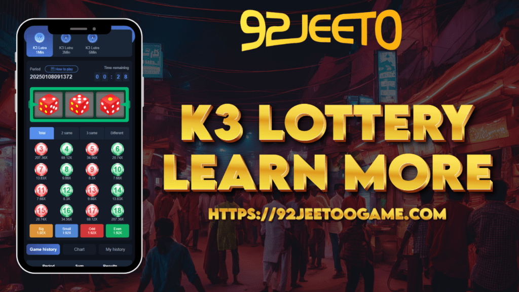 User placing bets on the 92Jeeto K3 Lottery game interface, with dice rolling results visible