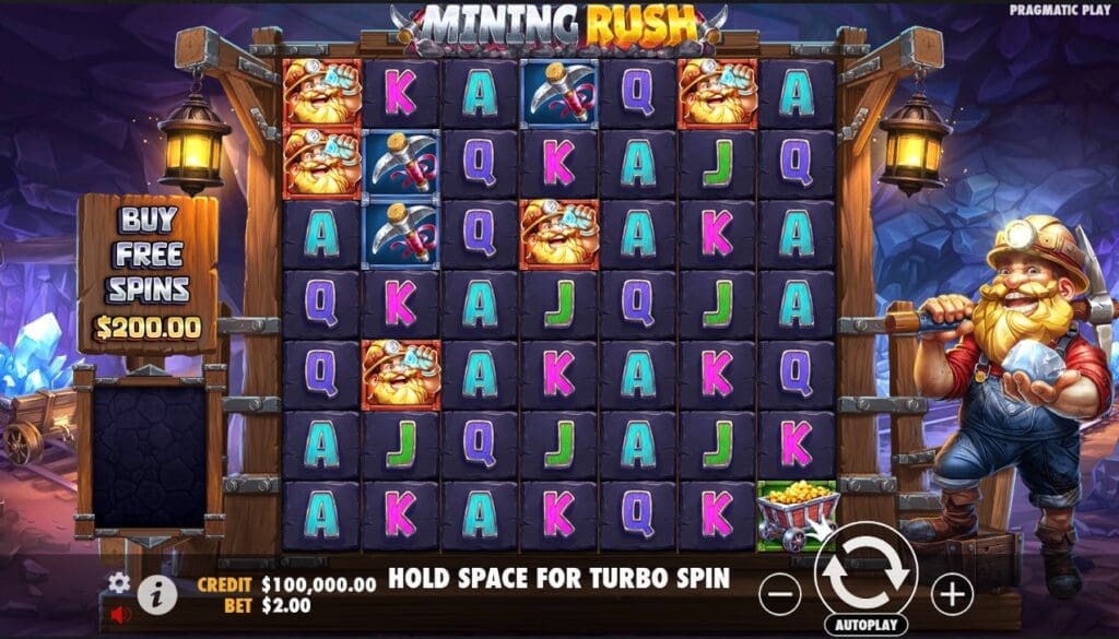 Mining Rush Slot reels featuring mining tools, carts, and glowing gems in a dark gold mine setting