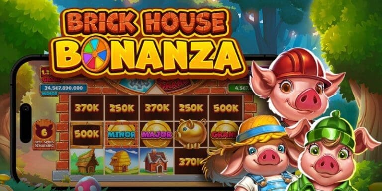 Brick House Bonanza slot game featuring cascading reels, vibrant animal characters, and a playful village backdrop.