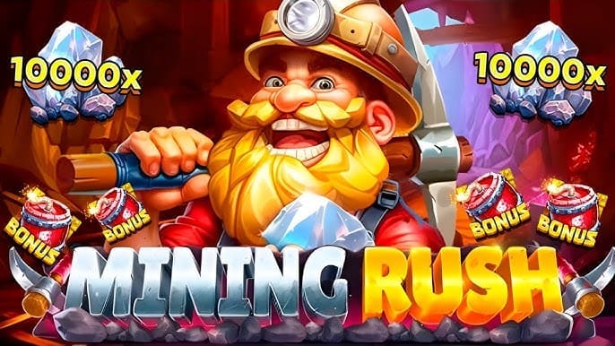 Mining Rush Slot reels showing carts of gold, lanterns, and mining tools in an underground cave.