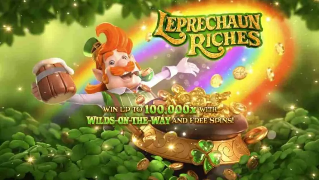 Leprechaun Riches slot game featuring cascading wins and a cheerful leprechaun in an Irish-themed setting.