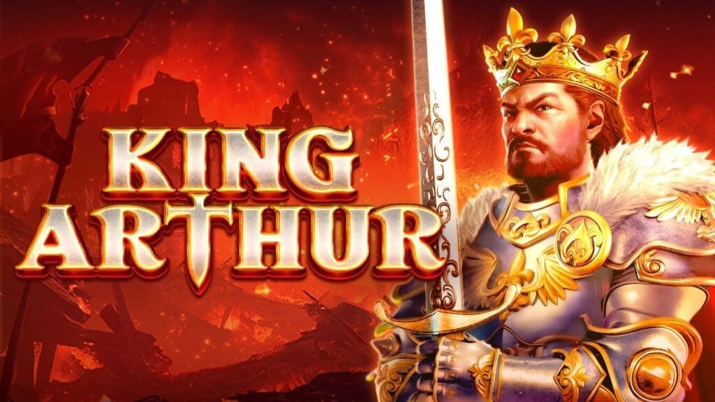 Slot King Arthur by JILI showcasing reels with medieval symbols like crowns, swords, and shields, set against a Camelot backdrop