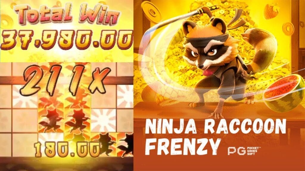 "A fierce raccoon ninja in a dynamic pose, surrounded by glowing Japanese-style shurikens and vibrant cherry blossom petals in the background."

